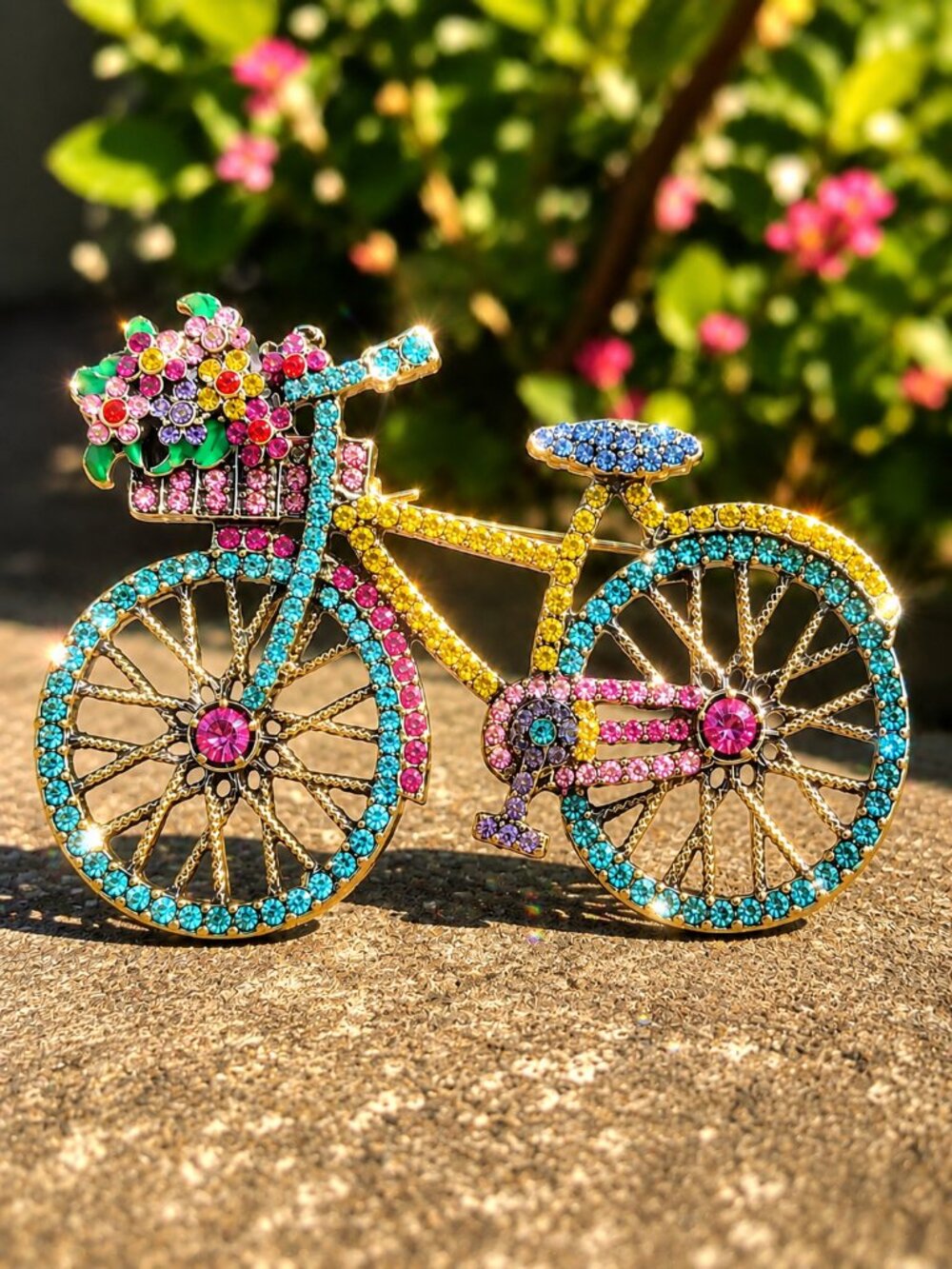 Cottagecore Crystal Bicycle Flower Basket Statement Pin Brooch
